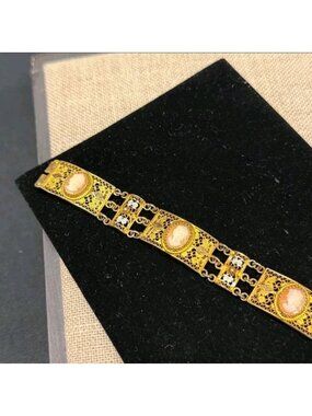 Vtg Gold Vermeil Plated 800 Silver Filigree Shell Cameo Link Bracelet 7"